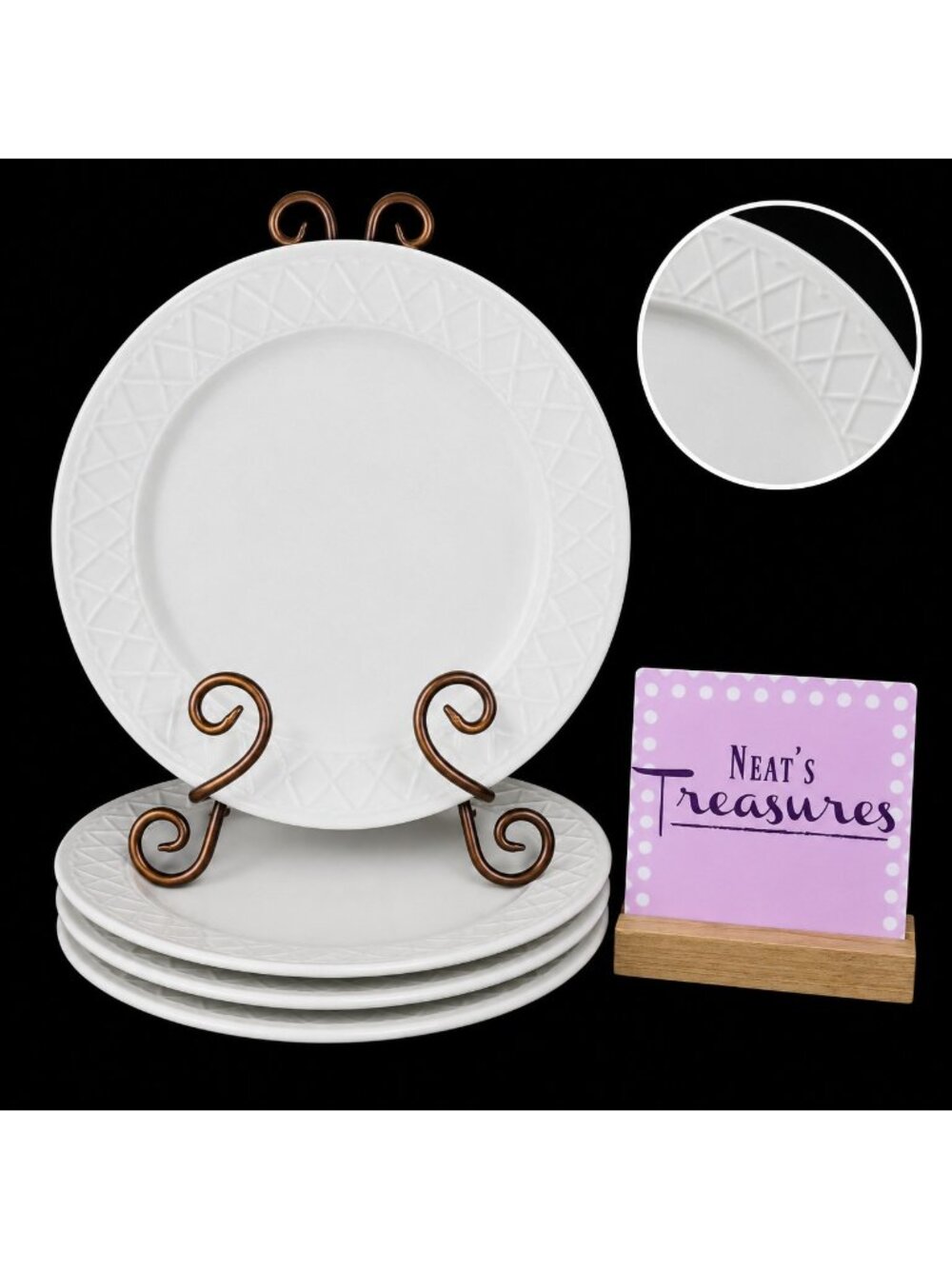 Totally Today TTO6 White Embossed Rope Criss Cross Ceramic Dinner Plates Set 4